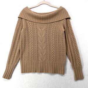 Vtg Banana Republic Sweater XS Tan Y2K Off Shoulder Angora Blend Cable Knit Soft
